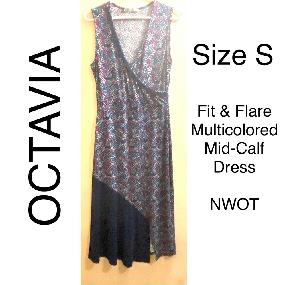 5/$15💥 NWOT Dress Mid Calf Silky Navy Blue Multicolored Fit Flare Ruffles